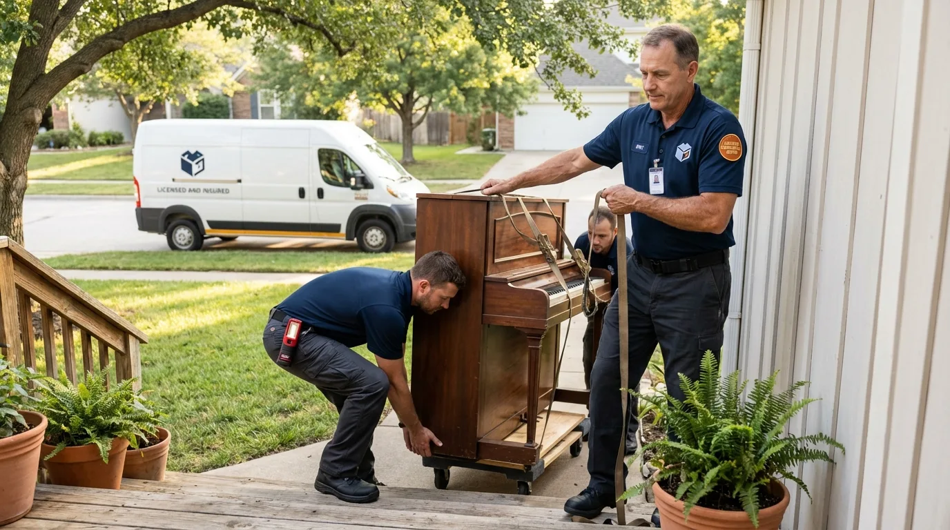 Licensed piano movers securing grand piano in Apex, NC