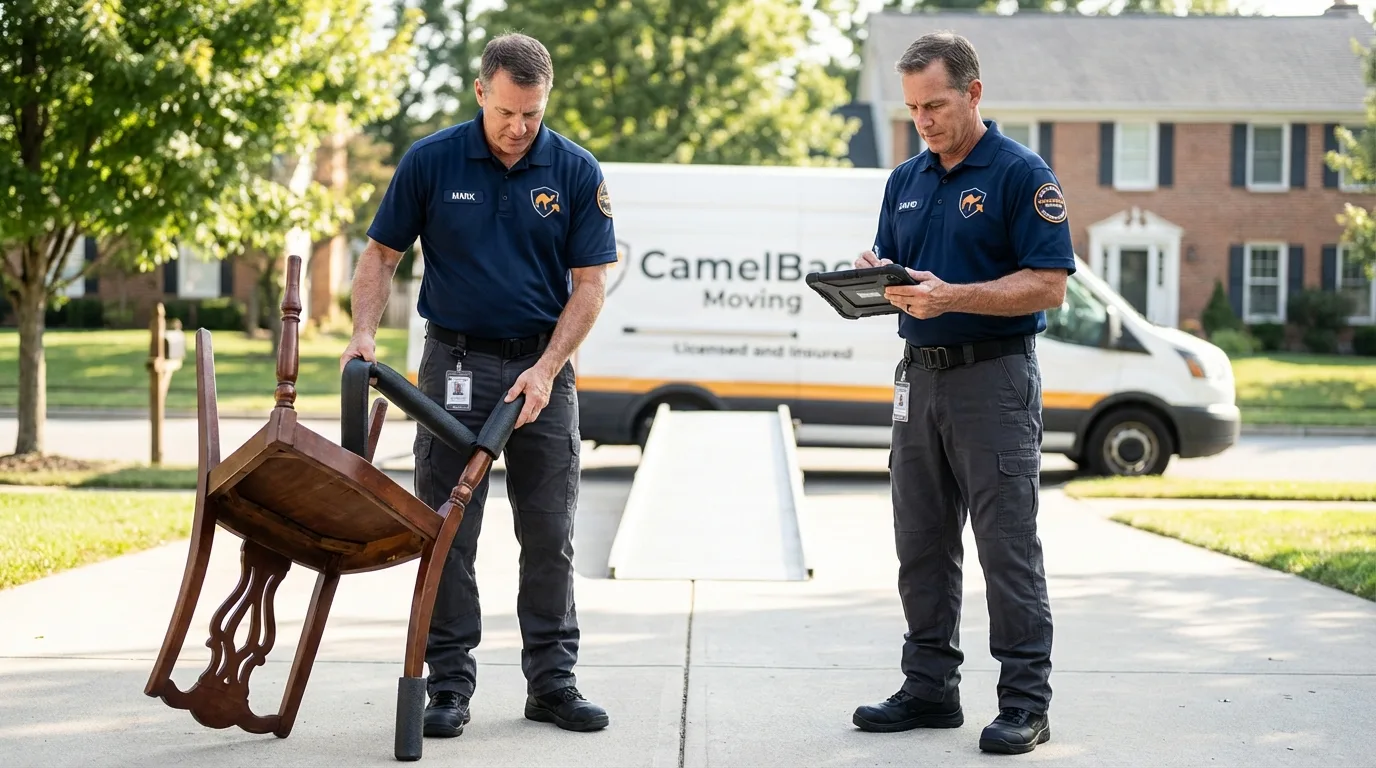 Movers inspecting furniture for damage prevention before loading in Apex, NC
